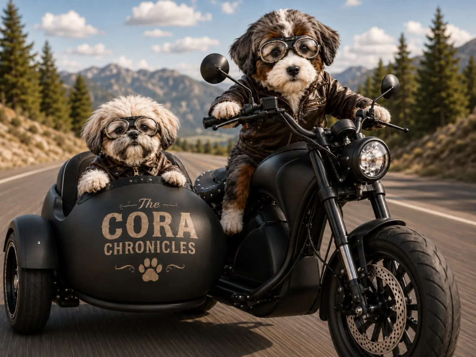 Dream illustration of Cora driving an electric motorcycle with Finn riding in the sidecar
