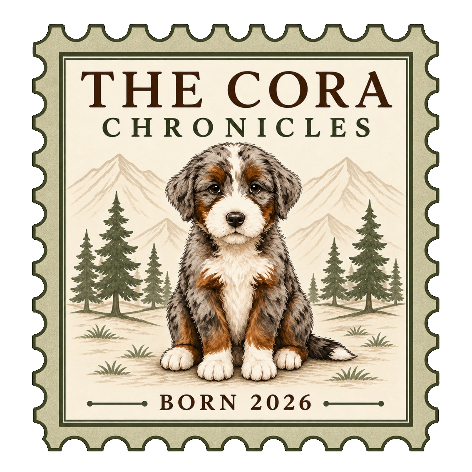 The Cora Chronicles Born 2026 stamp featuring Cora
