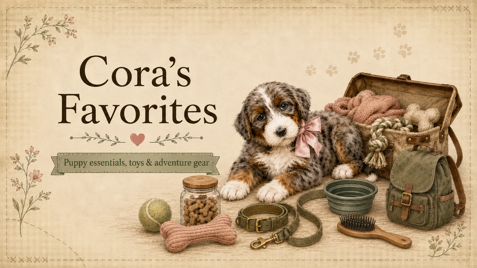 Illustrated Cora lying beside puppy essentials, toys, and adventure gear